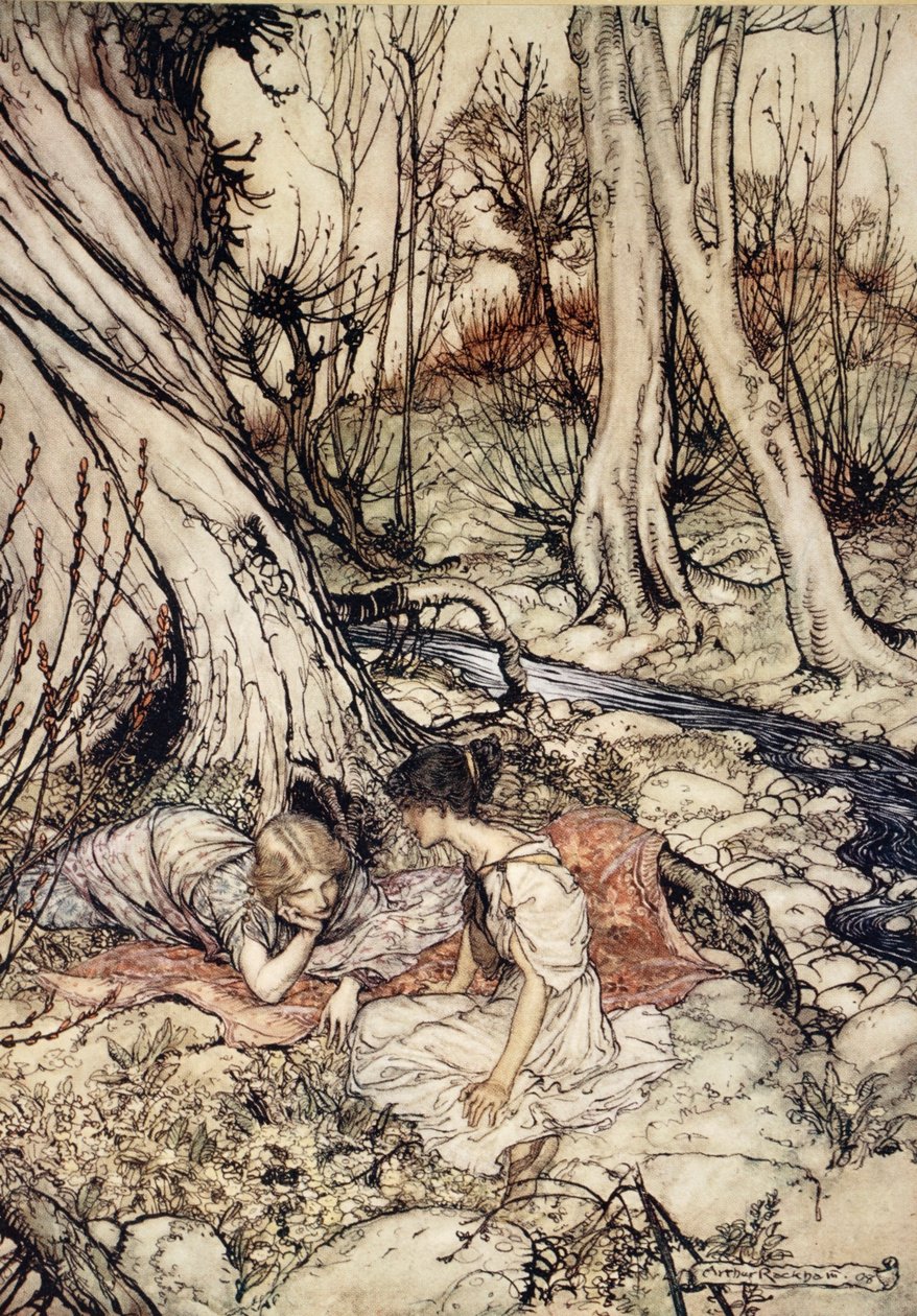 ..Ahol te és én gyakran feküdtünk halvány kankalinágyakon, kiürítve keblünket tanácsaiktól édes, illusztráció William Shakespeare „Szentáni éjszakai álom” című művéből, 1908 alkotó: Arthur Rackham