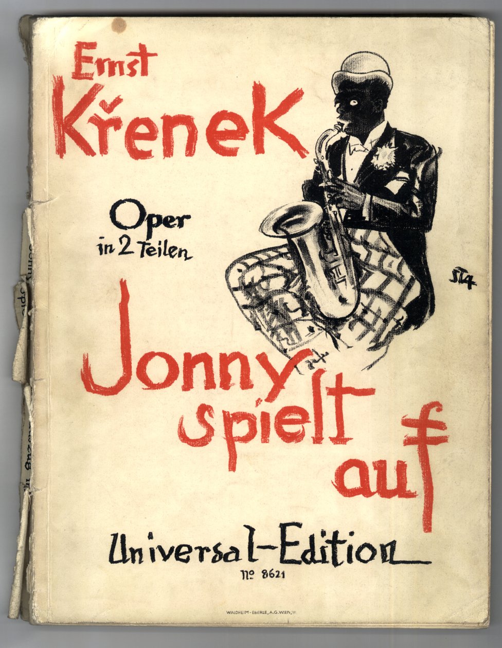 Ernst Krenek, Jonny Strikes Up, a zongora partitúra borítója (1. kiadás) alkotó: Arthur Stadler