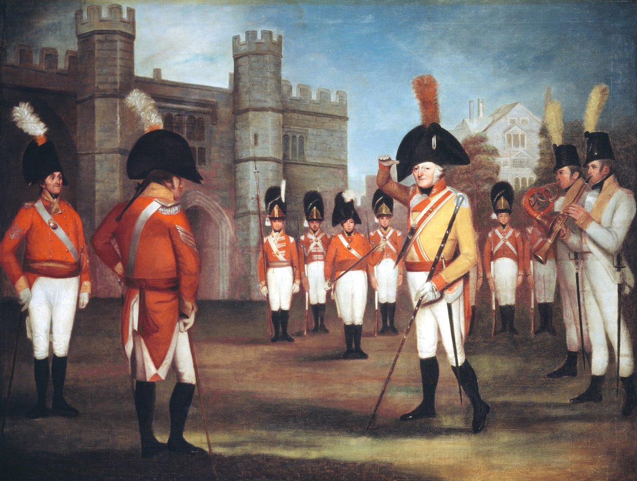 A Staffordshire-i milícia felvonuláson a windsori kastélyban, 1804 körül alkotó: Arthur Devis