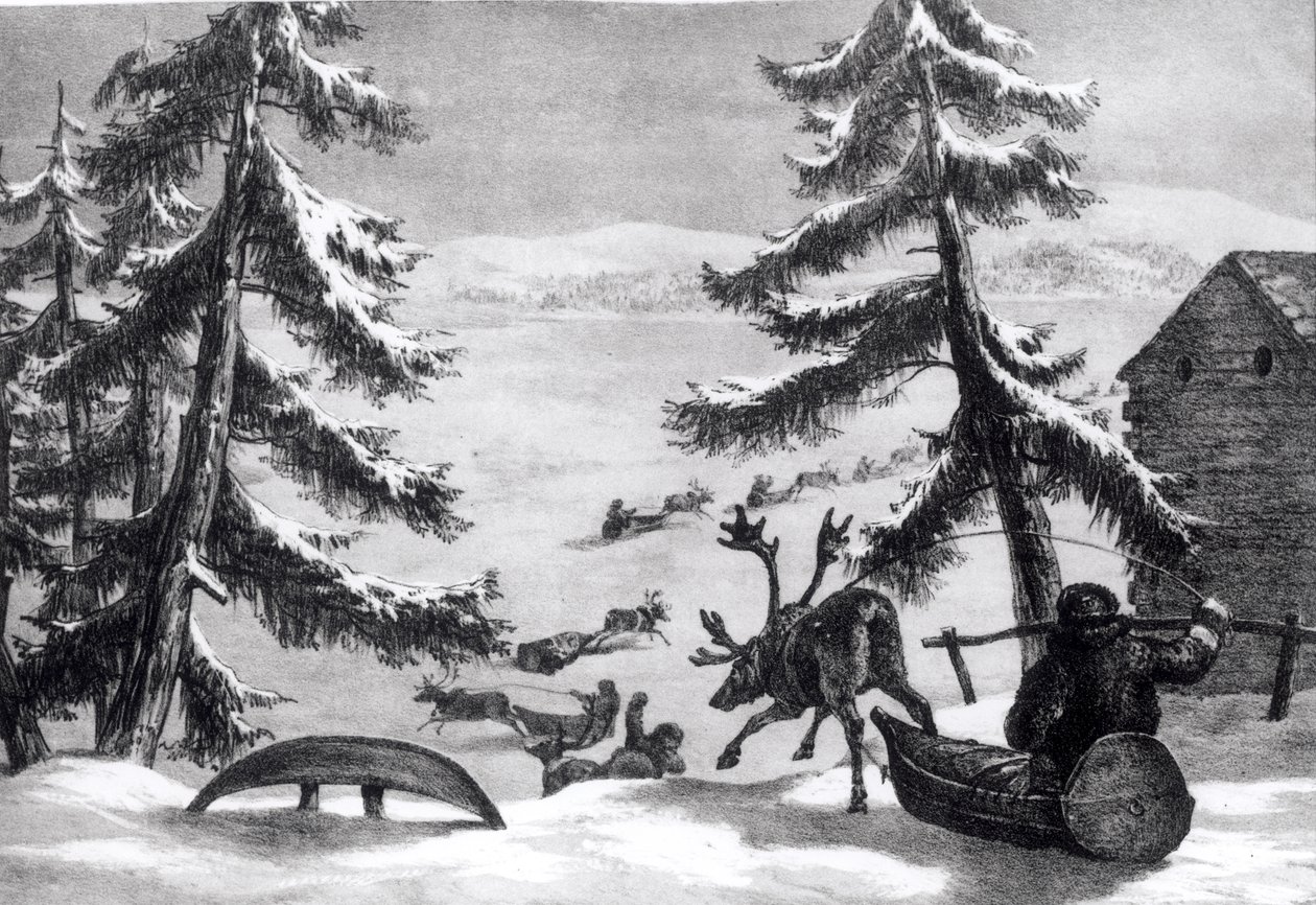 Rénszarvas húzta szánkók, Brooke „Téli vázlatok Lappföldön” című művéből, 1827-ben alkotó: Arthur de Capell Brooke