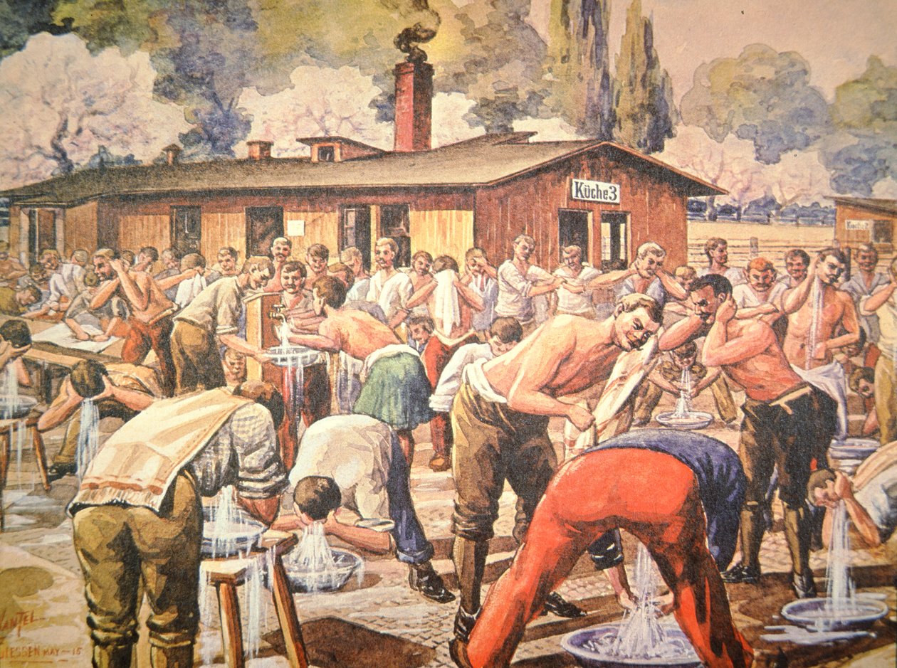 Szövetséges hadifoglyok mosdásaiknál a geisseni német fogolytáborban (színes litó) alkotó: Arthur (after) Nantel