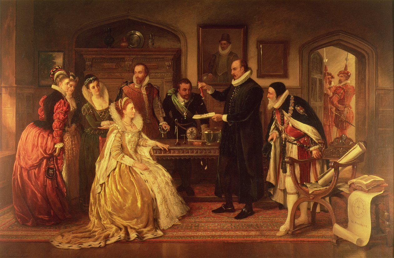 Dr. William Gilbert (1544-1603), aki elektromos energiával kapcsolatos kísérletét mutatja be I. Erzsébet királynőnek és udvarának, 19. század (lásd a 99460. részletet) alkotó: Arthur Ackland Hunt