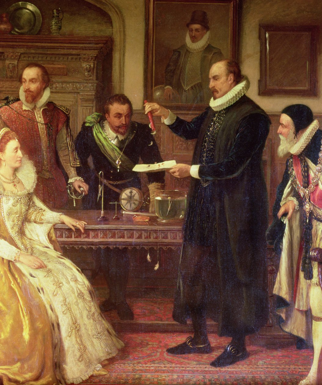Dr. William Gilbert 1544-1603 Villamosenergia-kísérletét mutatja be I. Erzsébet királynőnek és udvarának, Gilberd részlete, 19. századi olaj, vászon alkotó: Arthur Ackland Hunt