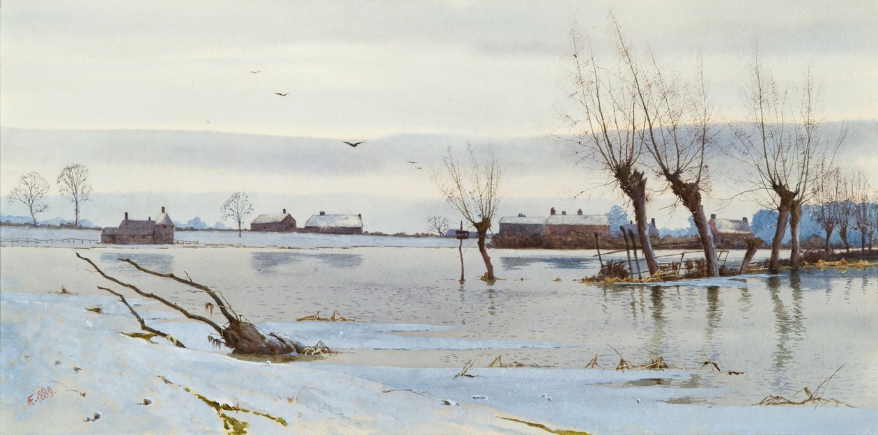 Téli táj megáradt folyóval, 1889 (wc) alkotó: Arthur Anderson Fraser