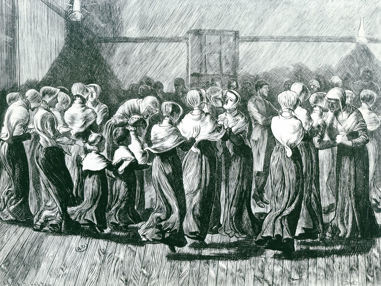 Shakers at a Meeting: the Religious Dance, illusztráció a The Graphic-ból, megjelent 1870. május 14. alkotó: Arthur Boyd Houghton