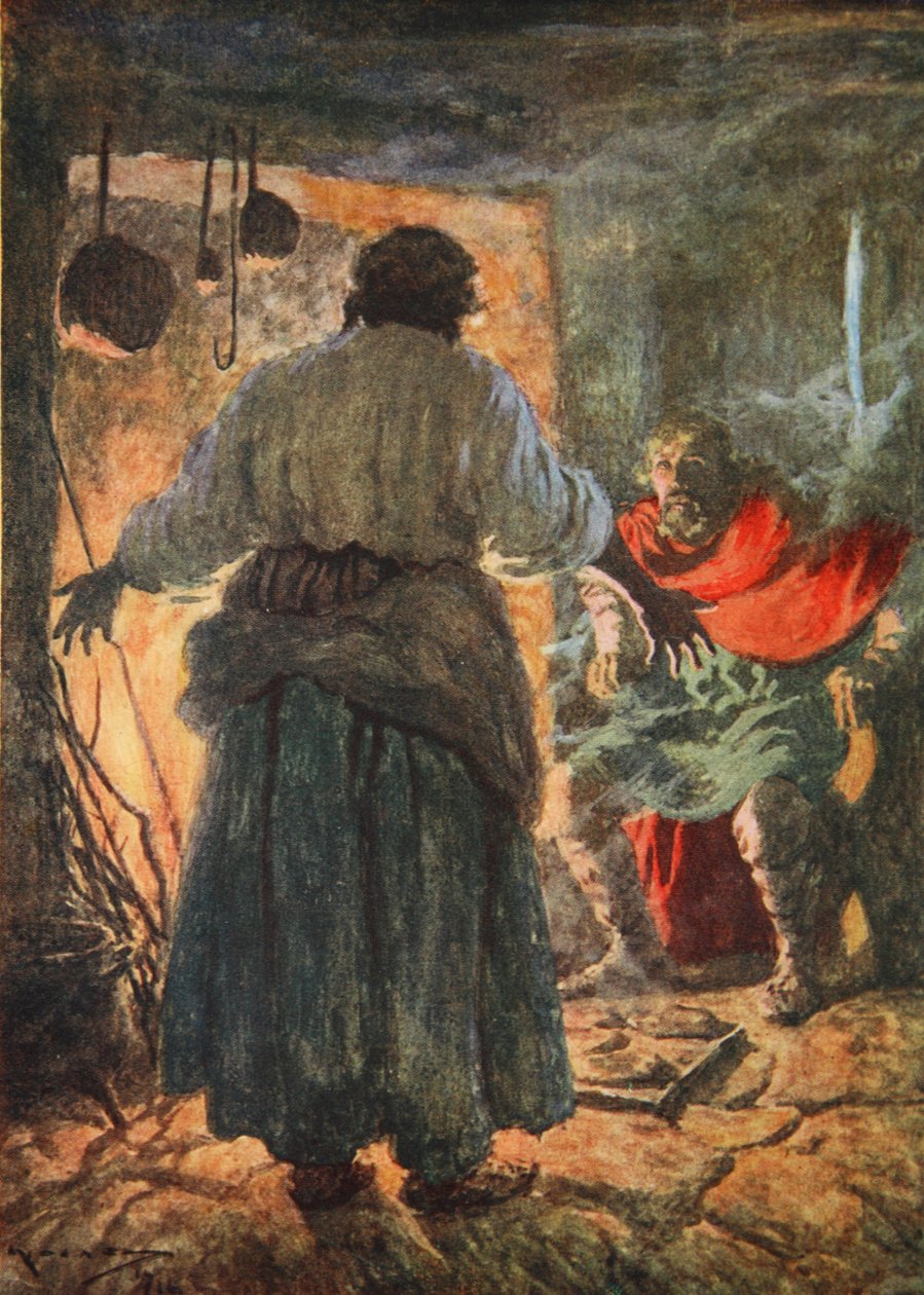 Alfredot szidják a sütemények elégetése miatt (színes litó) alkotó: Arthur C. (after) Michael