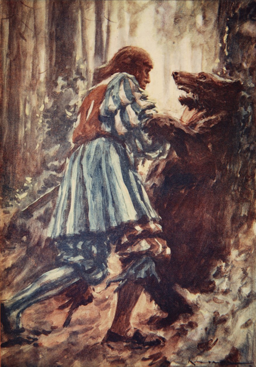 Egyszer, amikor egy medve megtámadta, puszta kézzel megfojtotta, illusztrációja H.E. „Németország története” című művéből. Marshall alkotó: Arthur C. (after) Michael