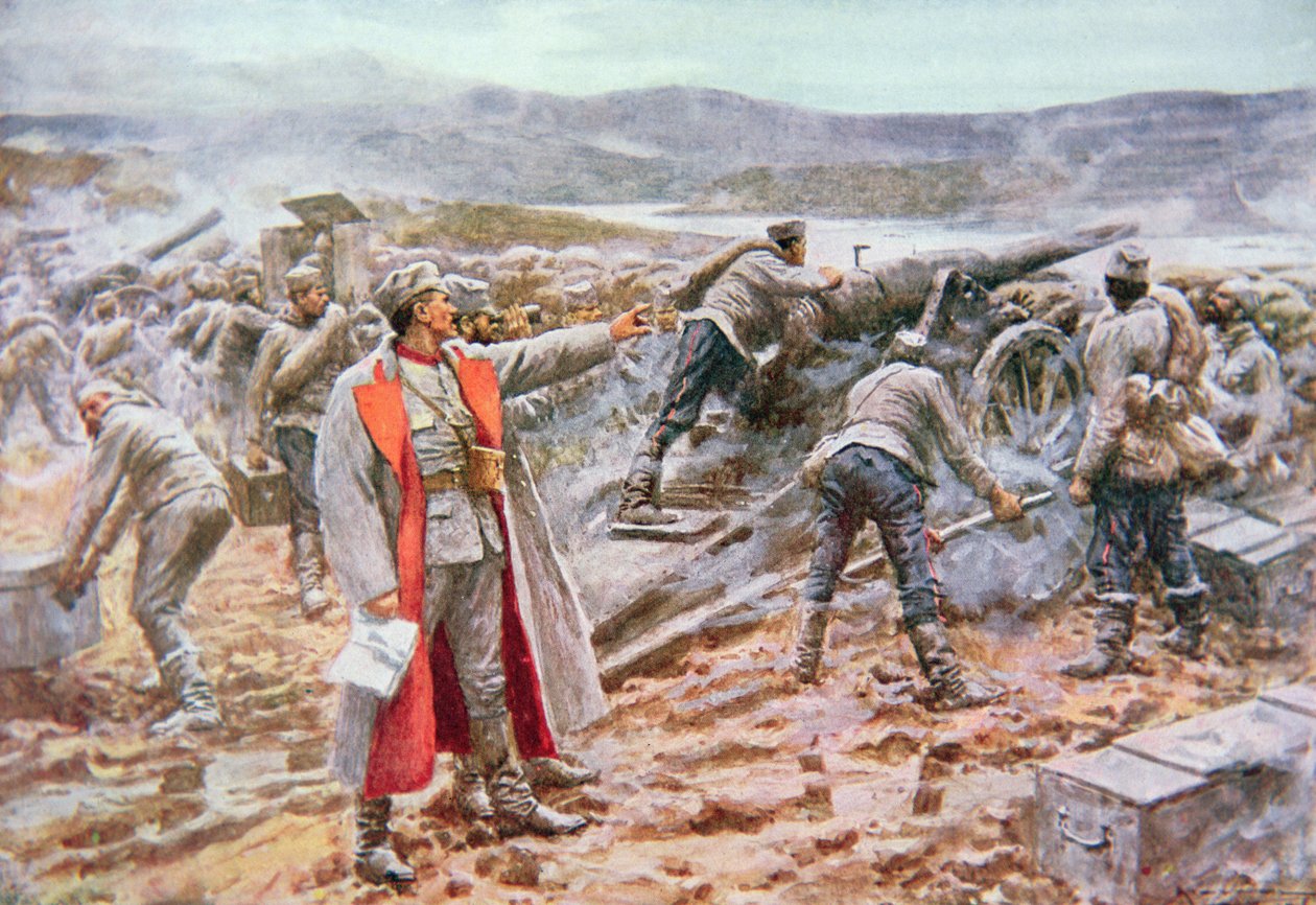 Szerb tüzérség akcióban az osztrákok ellen (színes litho) alkotó: Arthur C. (after) Michael