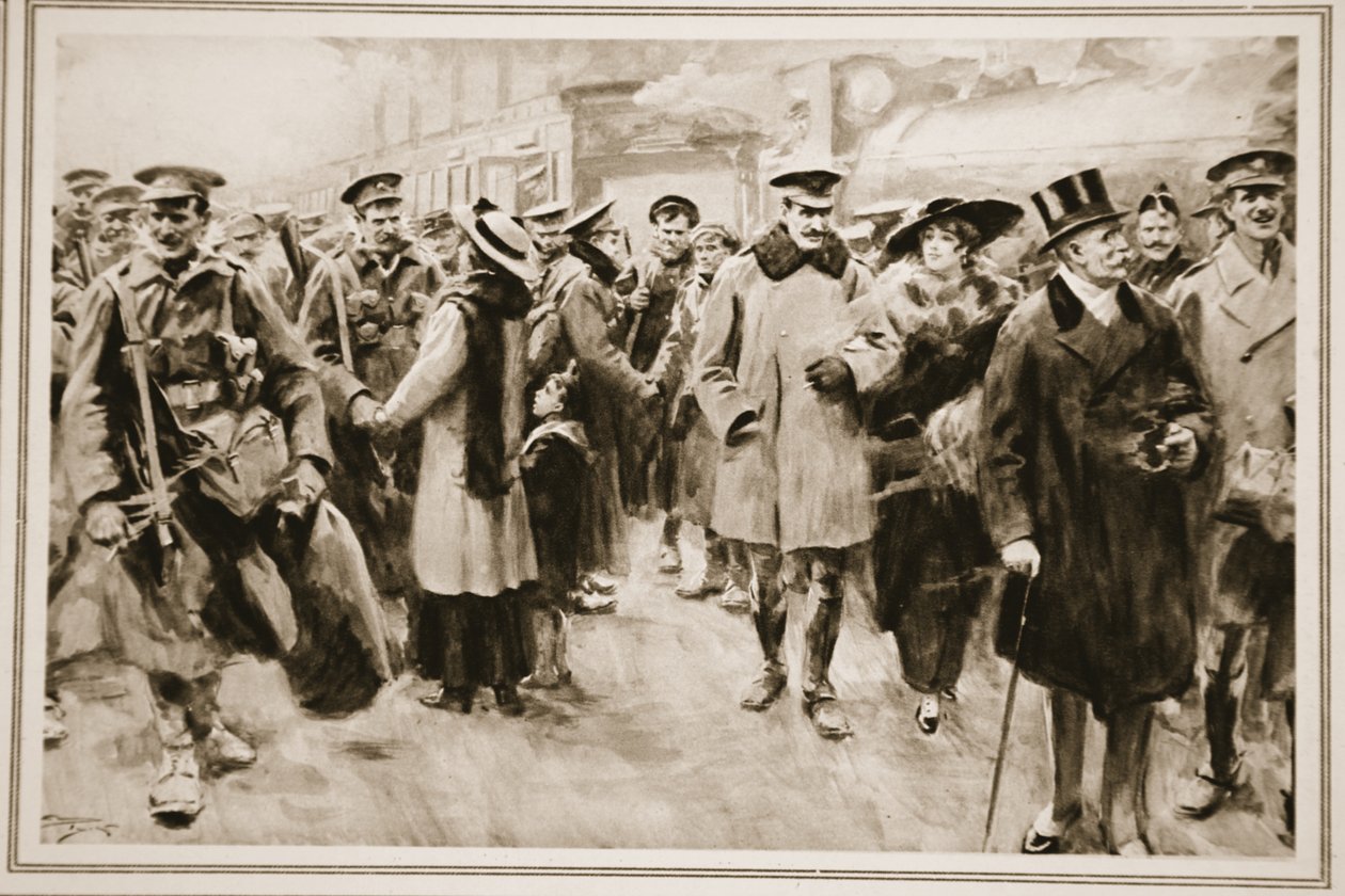 A hétvége távol a fronttól: brit tisztek és rövid szabadságon lévő férfiak a lövészárokból Viktóriába érkezve, a The Illustrated War News-ból alkotó: Arthur C. (after) Michael