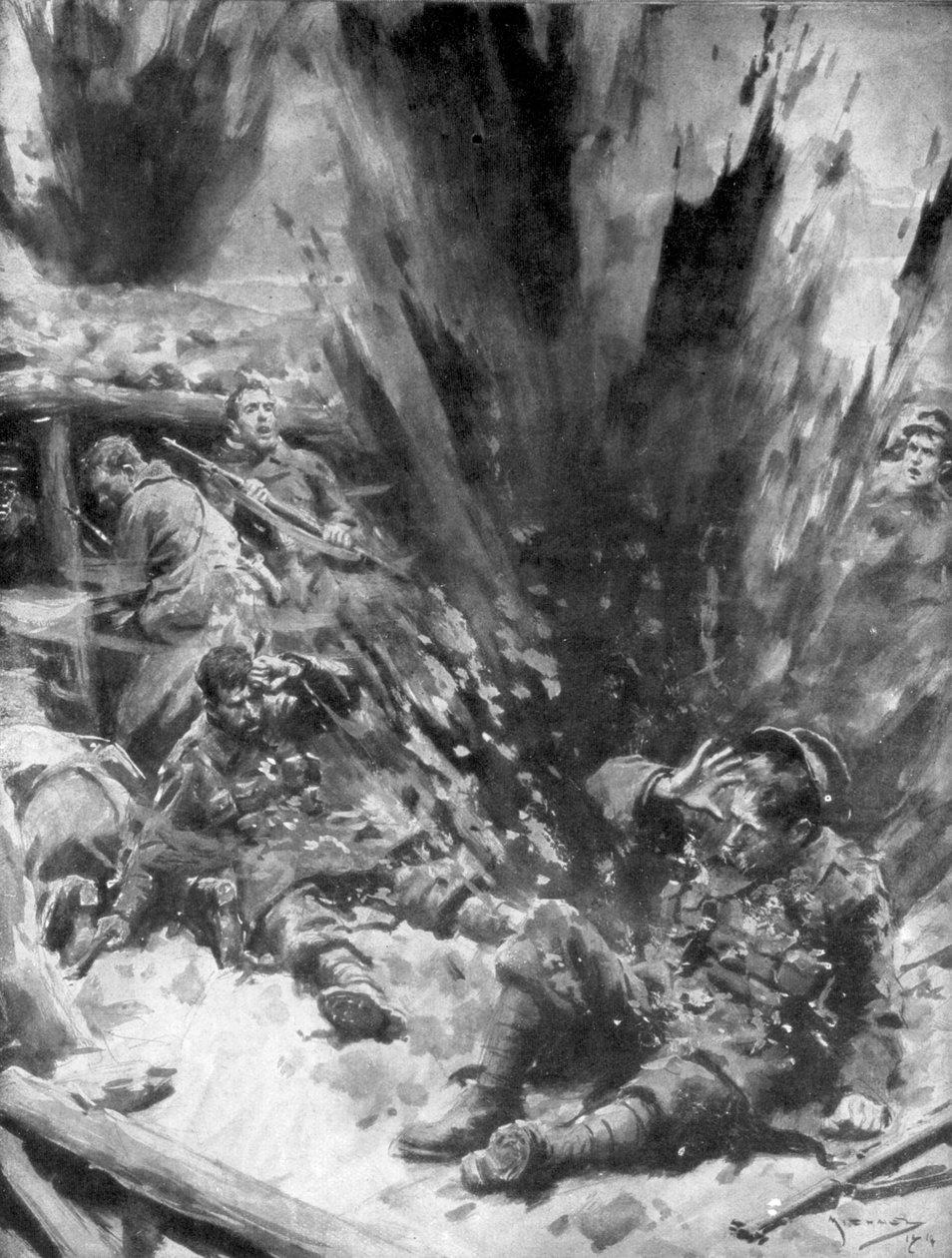Egy német lövedék felrobban egy brit árokban, 1914, 1926. alkotó: Arthur C. Michael