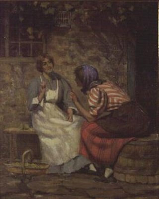 Botrány, két lány pletykál a ház előtt alkotó: Arthur Claude Cooke