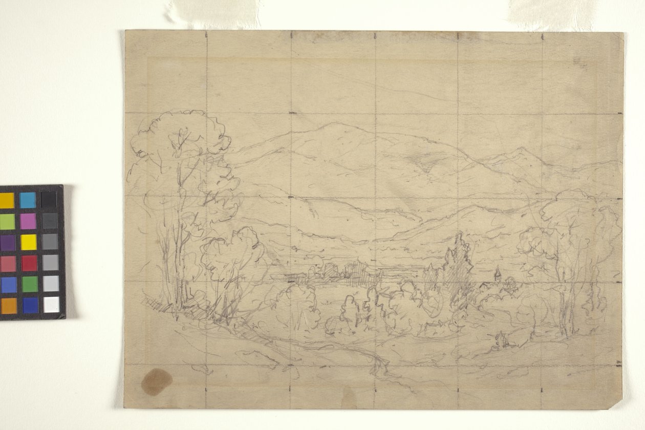 Study For Mountainous Landscape (ceruza törtfehér papíron, négyzet alakú áthelyezéshez) alkotó: Arthur Clifton Goodwin