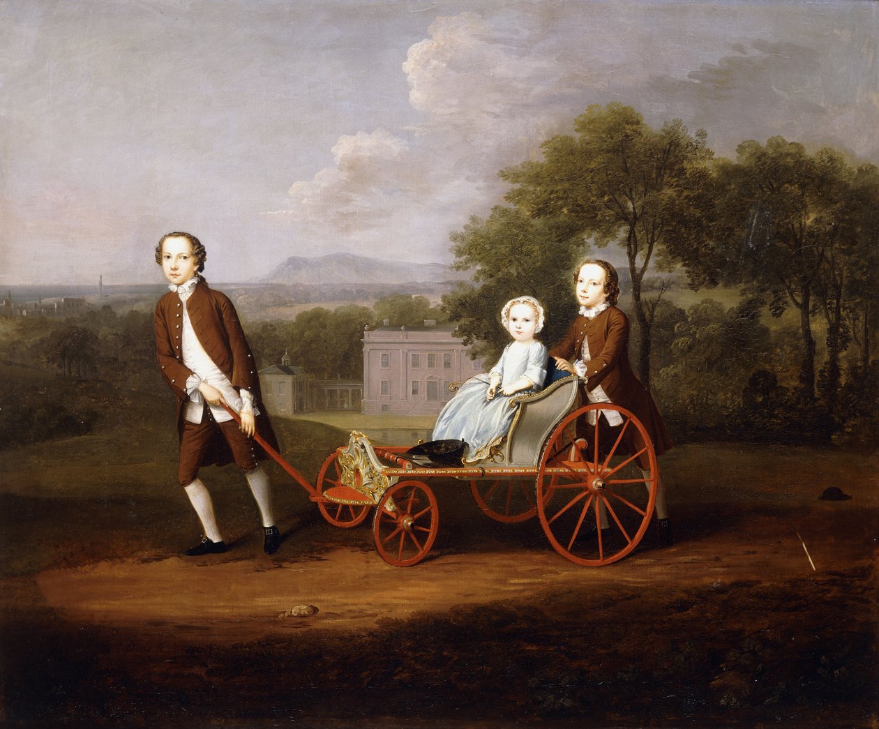 Peter és Mary Du Cane három gyermekének csoportos portréja, kicsi, egész alakos, kidolgozott kutyakocsival játszik, egy tájház földjén, 1747 alkotó: Arthur Devis