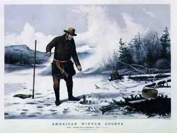 Amerikai téli sportok: Pisztránghorgászat a Chateaugay tavon, pub. szerző: Currier & Ives alkotó: Arthur Fitzwilliam (after) Tait