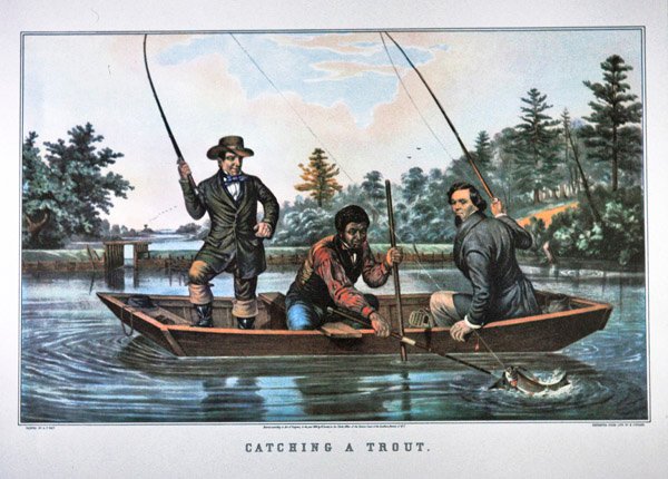 Pisztrángfogás, kiadó: N. Currier alkotó: Arthur Fitzwilliam (after) Tait