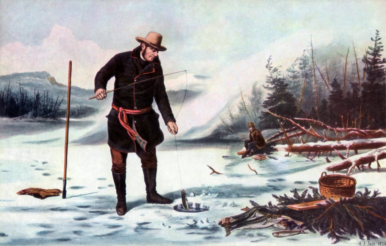 Pisztránghorgászat a Chateaugay tavon, Amerikai téli sportok, 1856. alkotó: Arthur Fitzwilliam Tait