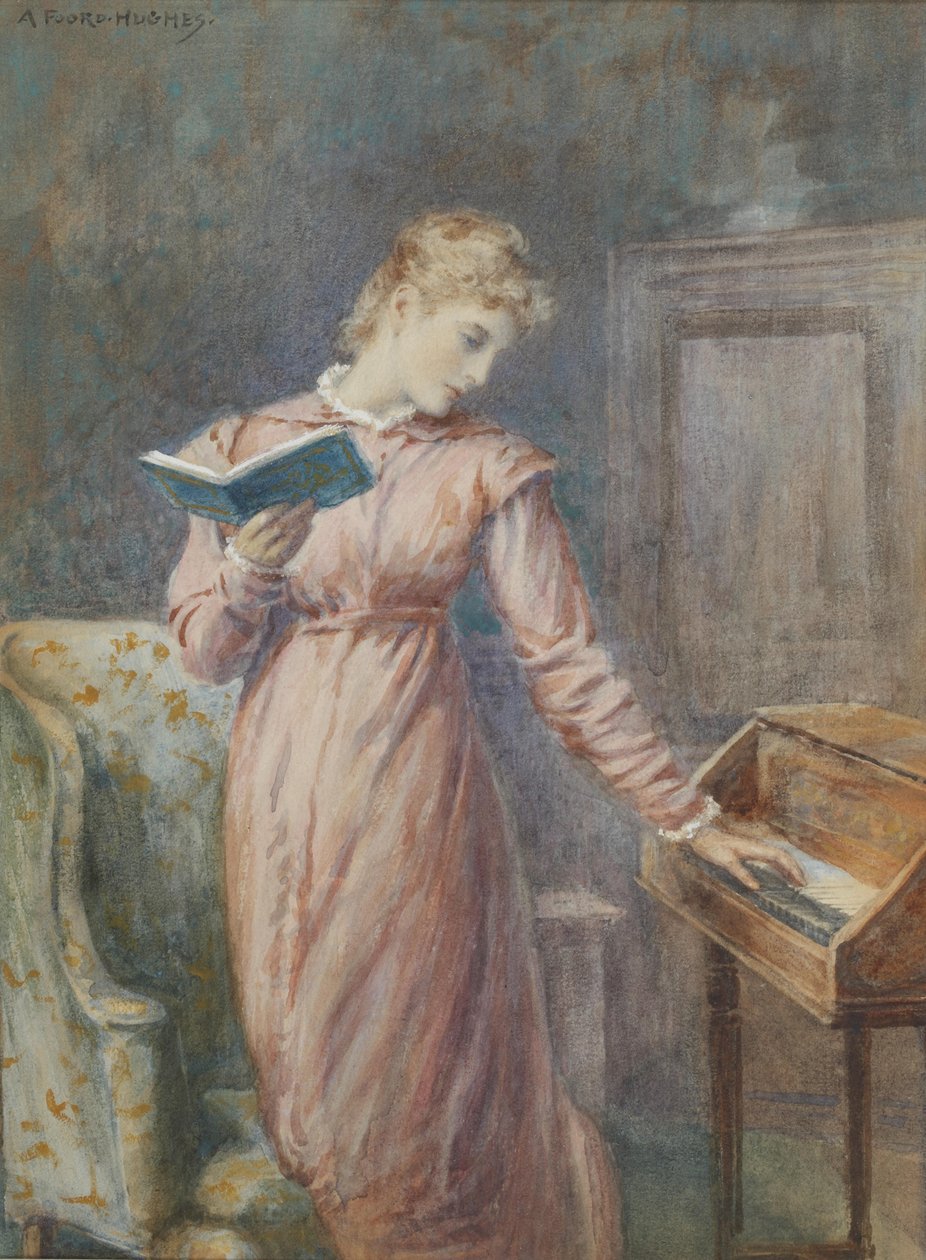 Egy hölgy spinetezés közben olvas. alkotó: Arthur Foord Hughes