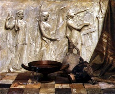 Egy Skyphos, egy Kylix, egy boroskancsó és egy egyiptomi nyaklánc görög frízzel (olaj, vászon) alkotó: Arthur Hacker