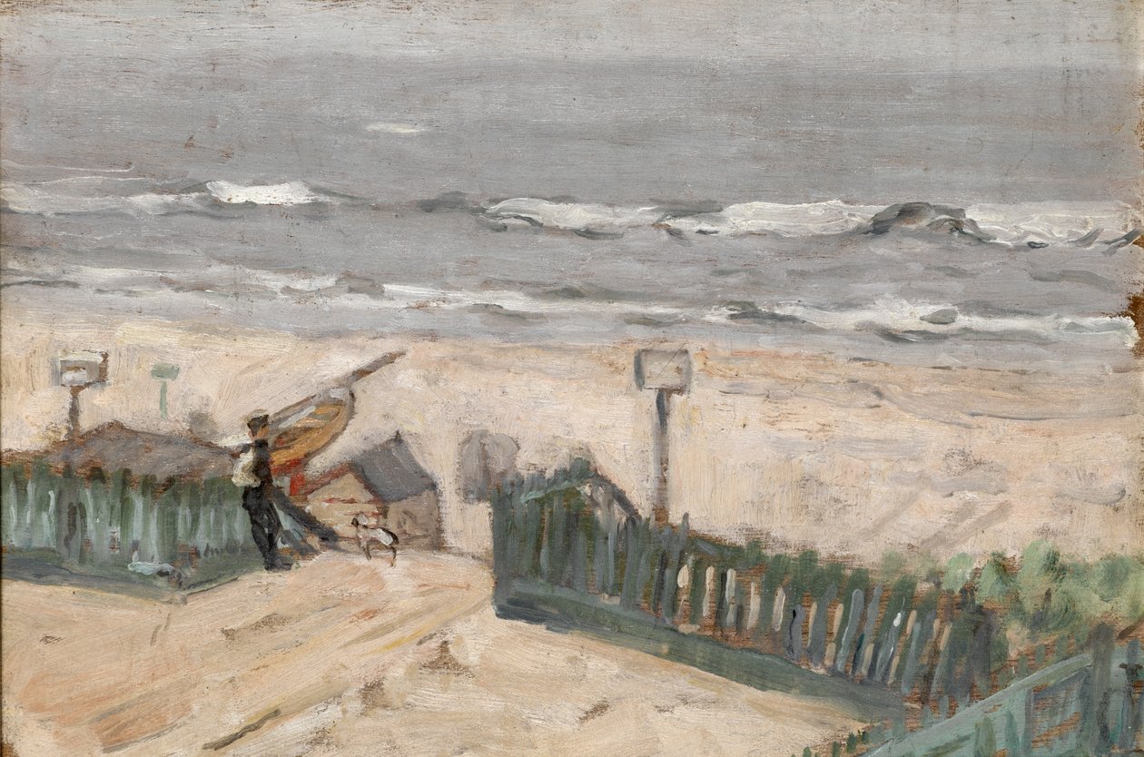 Fürdőkunyhók halászszal és kutyával, 1900 körül alkotó: Arthur Haythorne Studd
