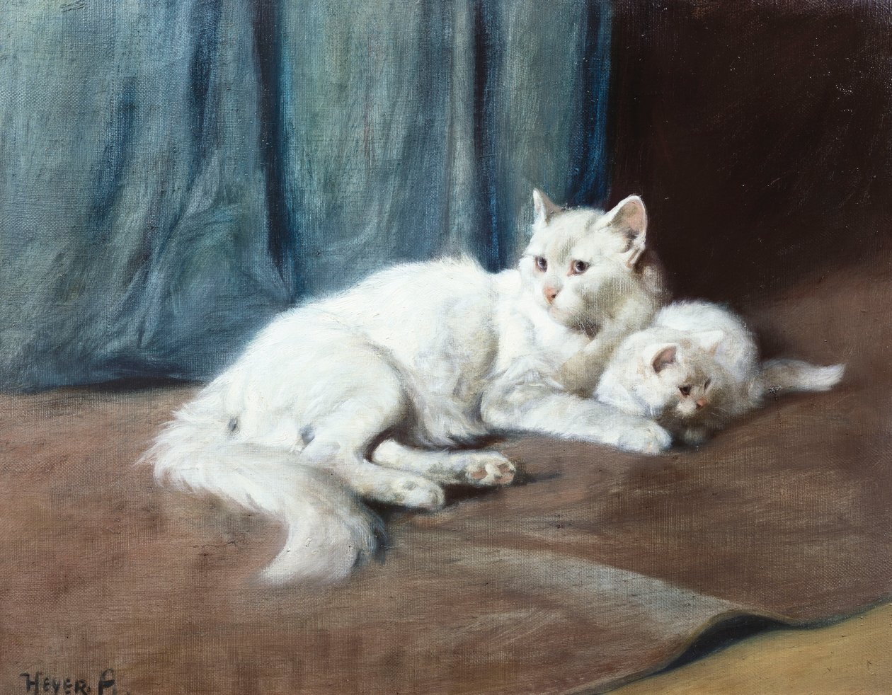 Egy fehér perzsamacska cicáival (olaj, vászon) alkotó: Arthur Heyer
