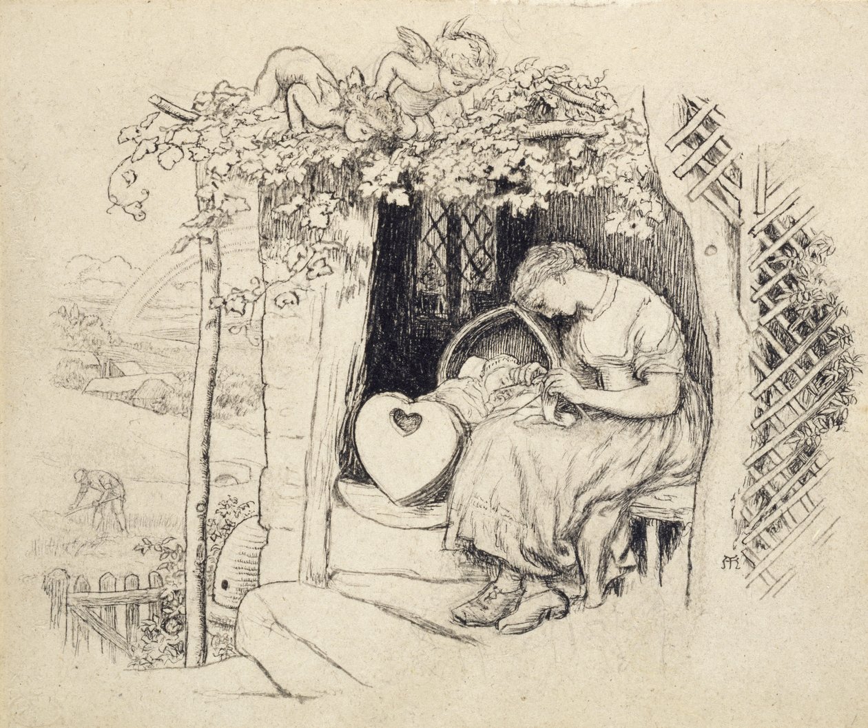 By the Cradle (toll és tinta grafitra) alkotó: Arthur Hughes