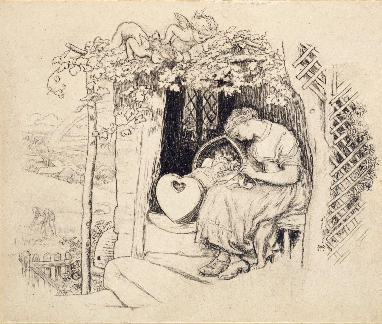 A bölcső mellett, 1873 alkotó: Arthur Hughes