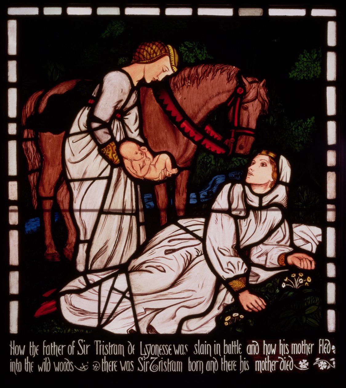 Tristan születése, „Tristán és Izolda története”, William Morris und Co. (ólomüveg) alkotó: Arthur Hughes