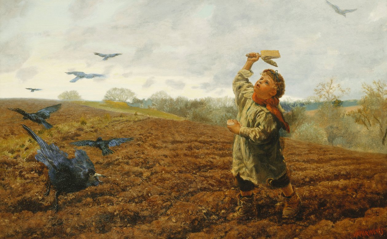 A varjúijesztő; "Galambok és varjak, vigyázzatok lábujjaira", 1884 alkotó: Arthur Hughes