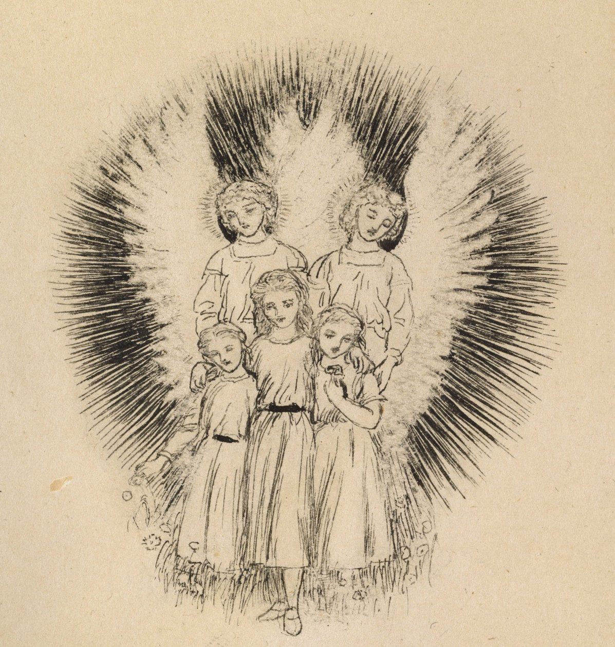 Három kisgyermek a széles, széles Földön (toll és fekete tinta, törtfehér papírra) alkotó: Arthur Hughes