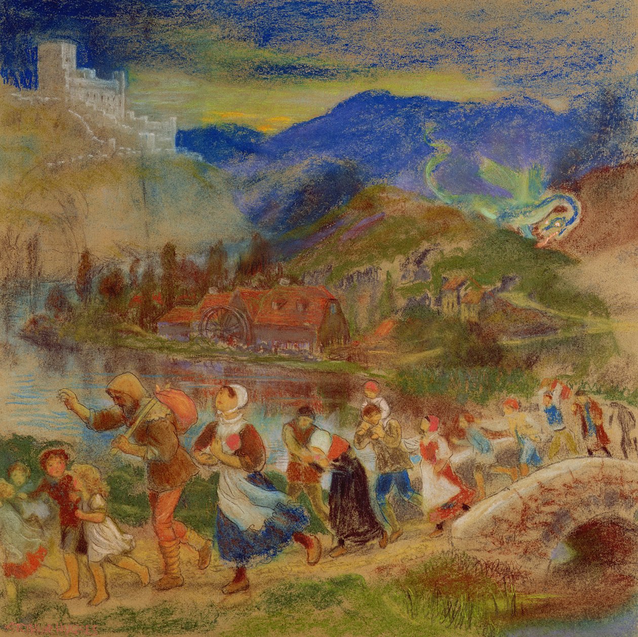 Sárkány elől menekülő falusiak alkotó: Arthur Hughes