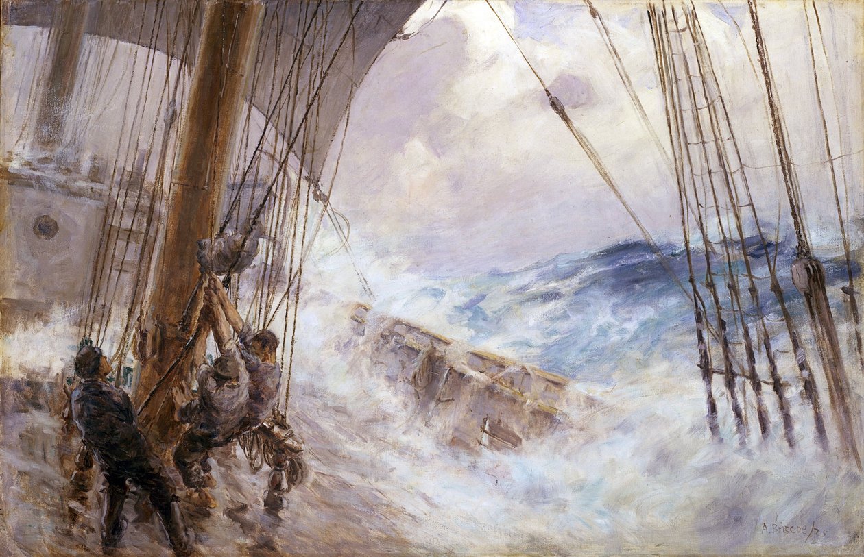 Manőverek a vitorla leengedéséhez a főárbocról a viharban. Olaj, vászon alkotó: Arthur John Briscoe