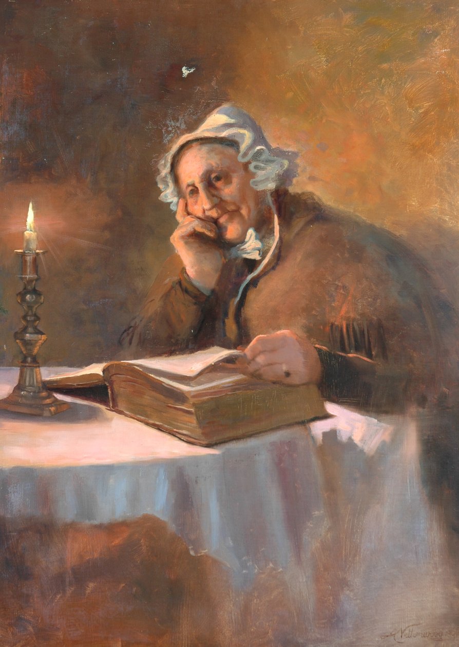 Portré egy idős nőről, aki gyertyafényben olvassa a Bibliát, 1896 alkotó: Arthur Netherwood