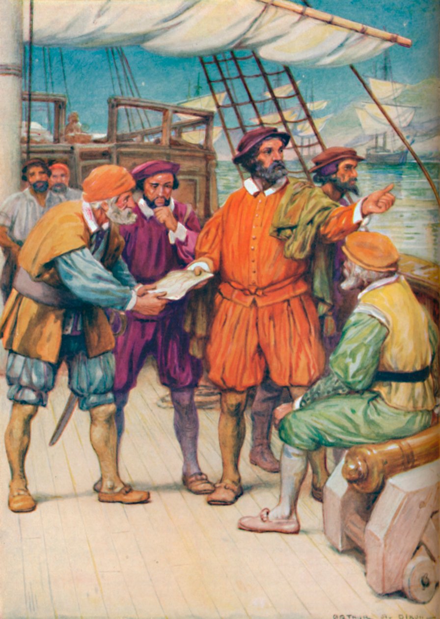Magellán tanácskozik navigátoraival, c1925 alkotó: Arthur Percy Dixon