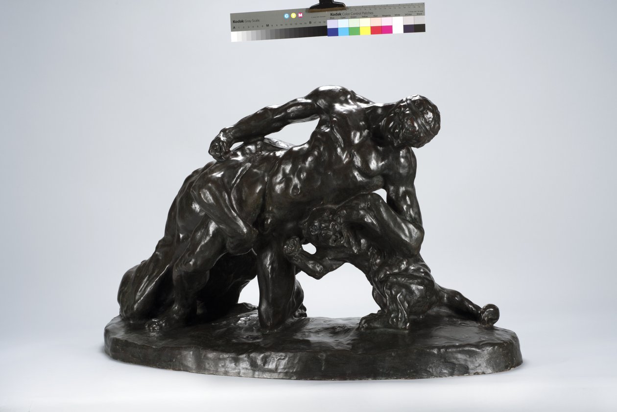 Harcba zárt férfi oroszlánkölyökkel (bronz) alkotó: Arthur Putnam