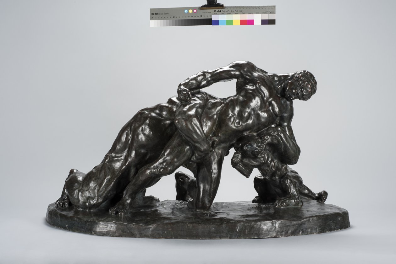 Harcba zárt férfi oroszlánkölyökkel (bronz) alkotó: Arthur Putnam