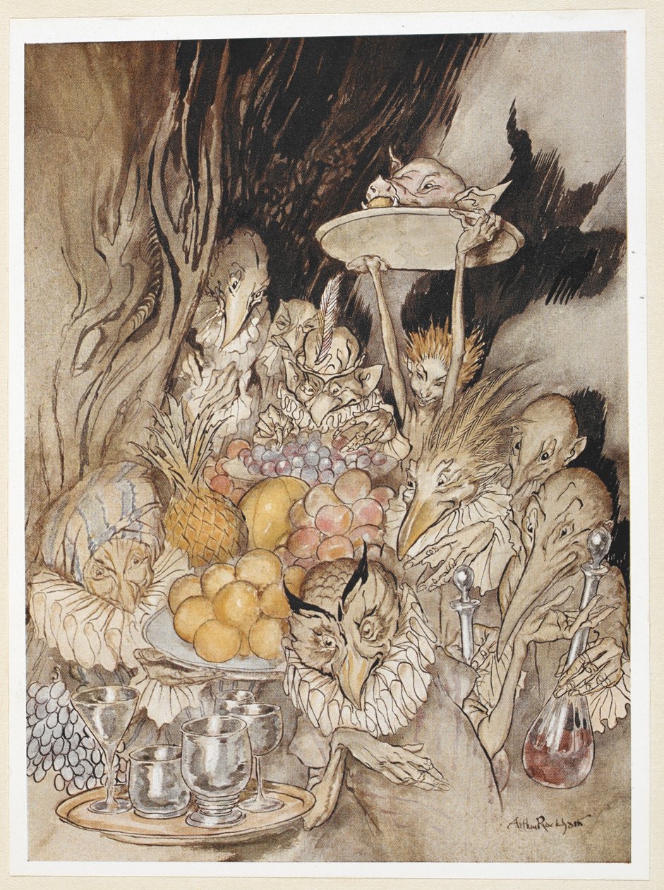 III. FELvonás: III. jelenet, 19. sor Lépj be több furcsa alakzatba, és hozz be egy bankettet... a király meghívása stb. alkotó: Arthur Rackham