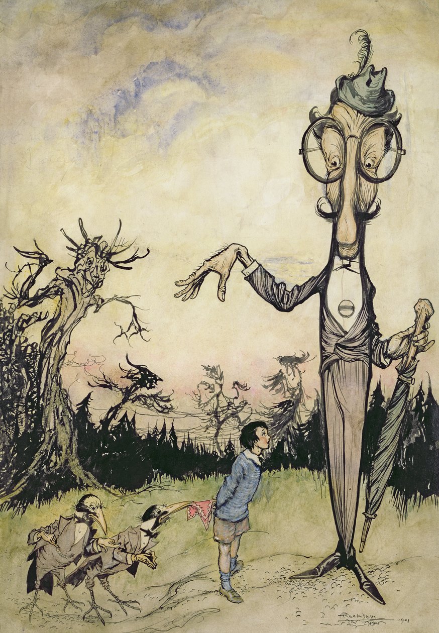 Egy óriás gyermekkel és két varjúval, illusztráció a Betty Barber könyvéből, Maggie Browntól, pub.1910 (toll és tinta, később Harry Rountree színezte, 1878-1950) (illusztráció a Book o-hoz is alkotó: Arthur Rackham
