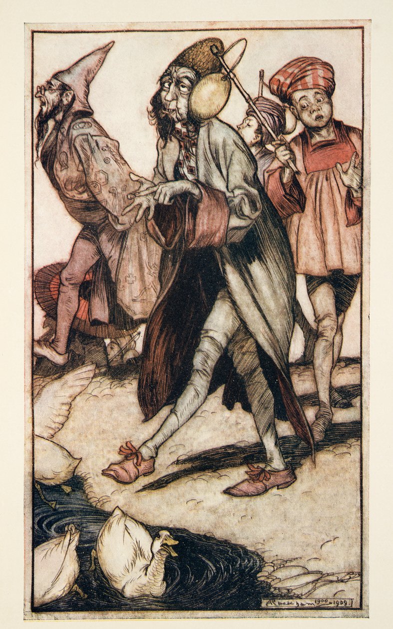 Egy laputi úriember sétálni, Jonathan Swift (1667-1745) Gulliver utazásaiból, pub. 1909 alkotó: Arthur Rackham