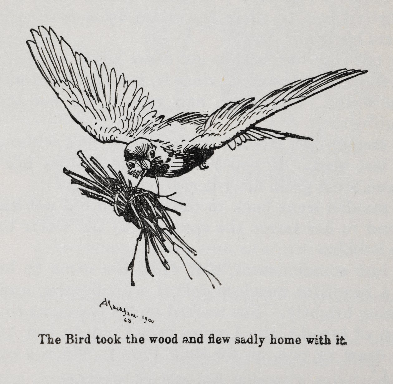 Egy köteg gallyat cipelő madár. alkotó: Arthur Rackham