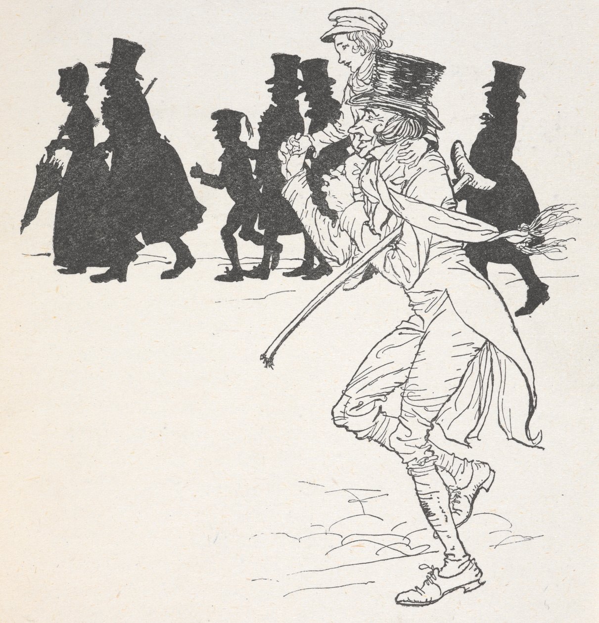 Egy fiút egy férfi vállán visznek alkotó: Arthur Rackham