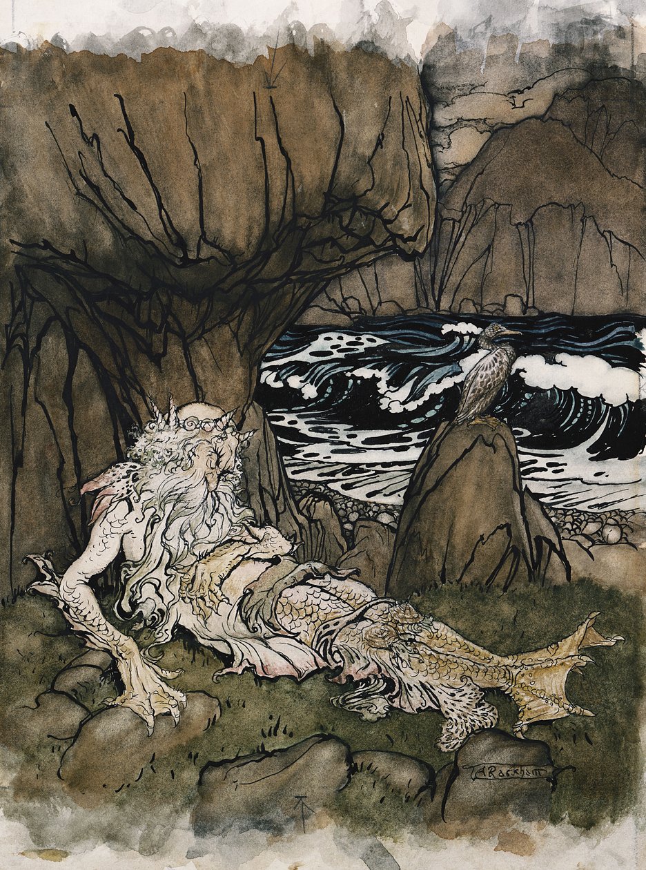 Koronás "merman", egy sziklás parton alvó tengeristen alkotó: Arthur Rackham