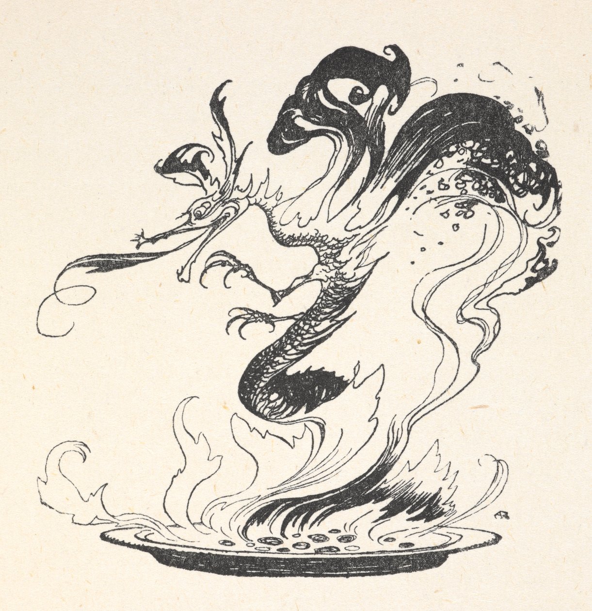Egy sárkány kibújik egy tányér égő pénzből alkotó: Arthur Rackham