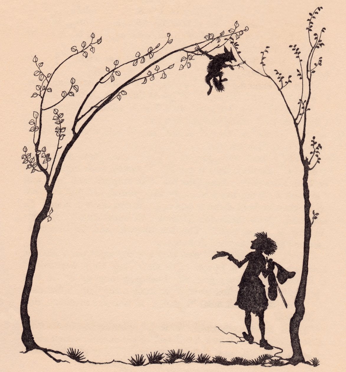Egy róka a mancsainál fogva két mogyorófához kötözve. Illusztráció: Arthur Rackham a Grimm meséjéből, A csodálatos zenészből. alkotó: Arthur Rackham