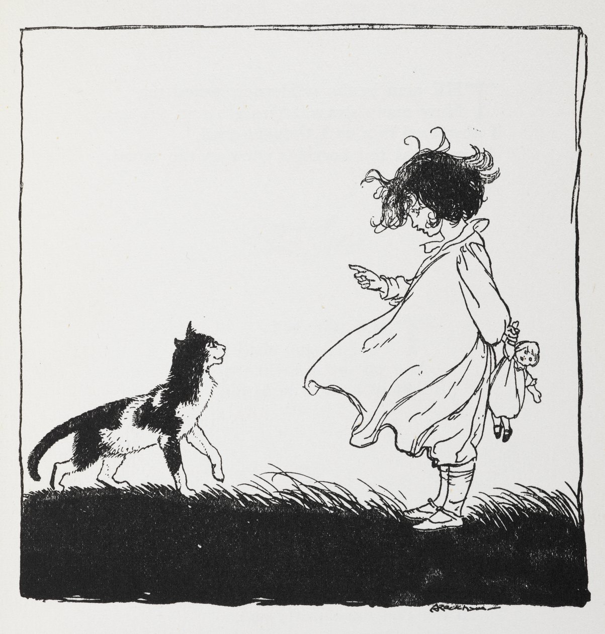 Egy babás lány elmondja a macskáját. alkotó: Arthur Rackham