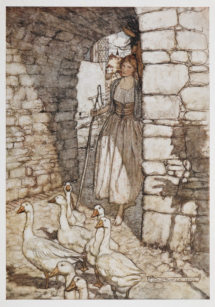Egy lány libákkal. alkotó: Arthur Rackham