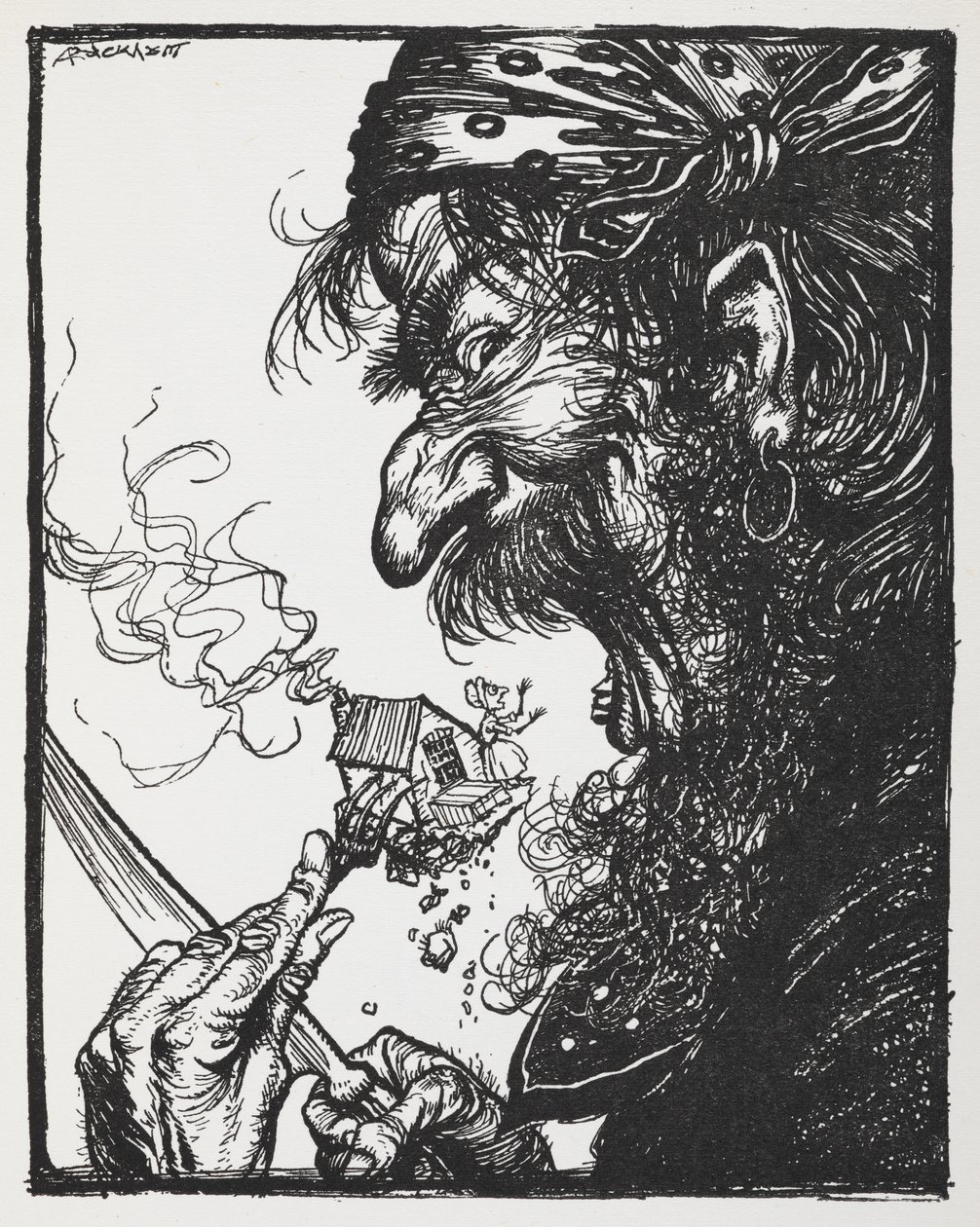 Egy nagydarab férfi eszik egy apró hölgyet és a házát. alkotó: Arthur Rackham