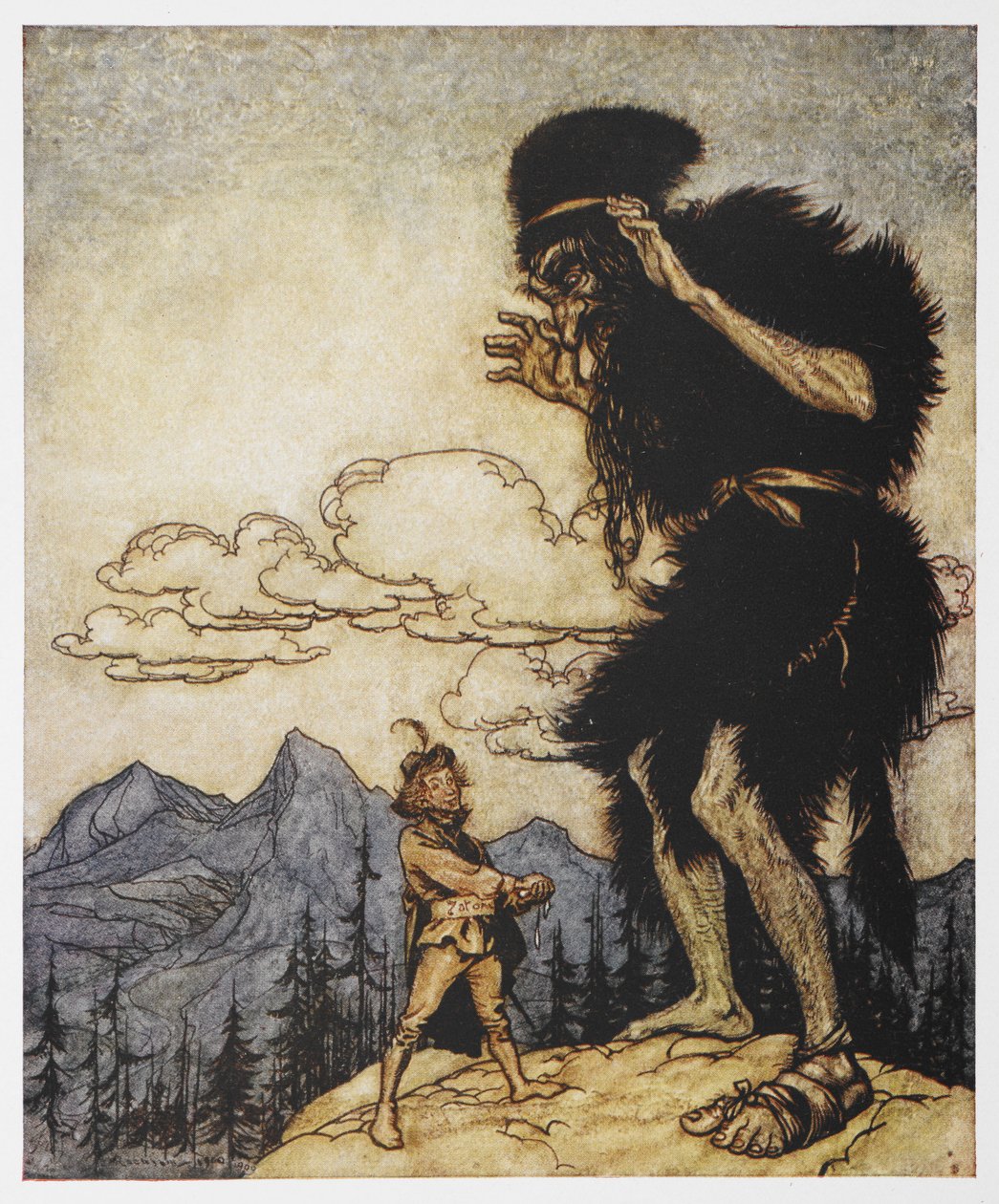 Egy ember és egy óriás a Bátor Szabóból alkotó: Arthur Rackham