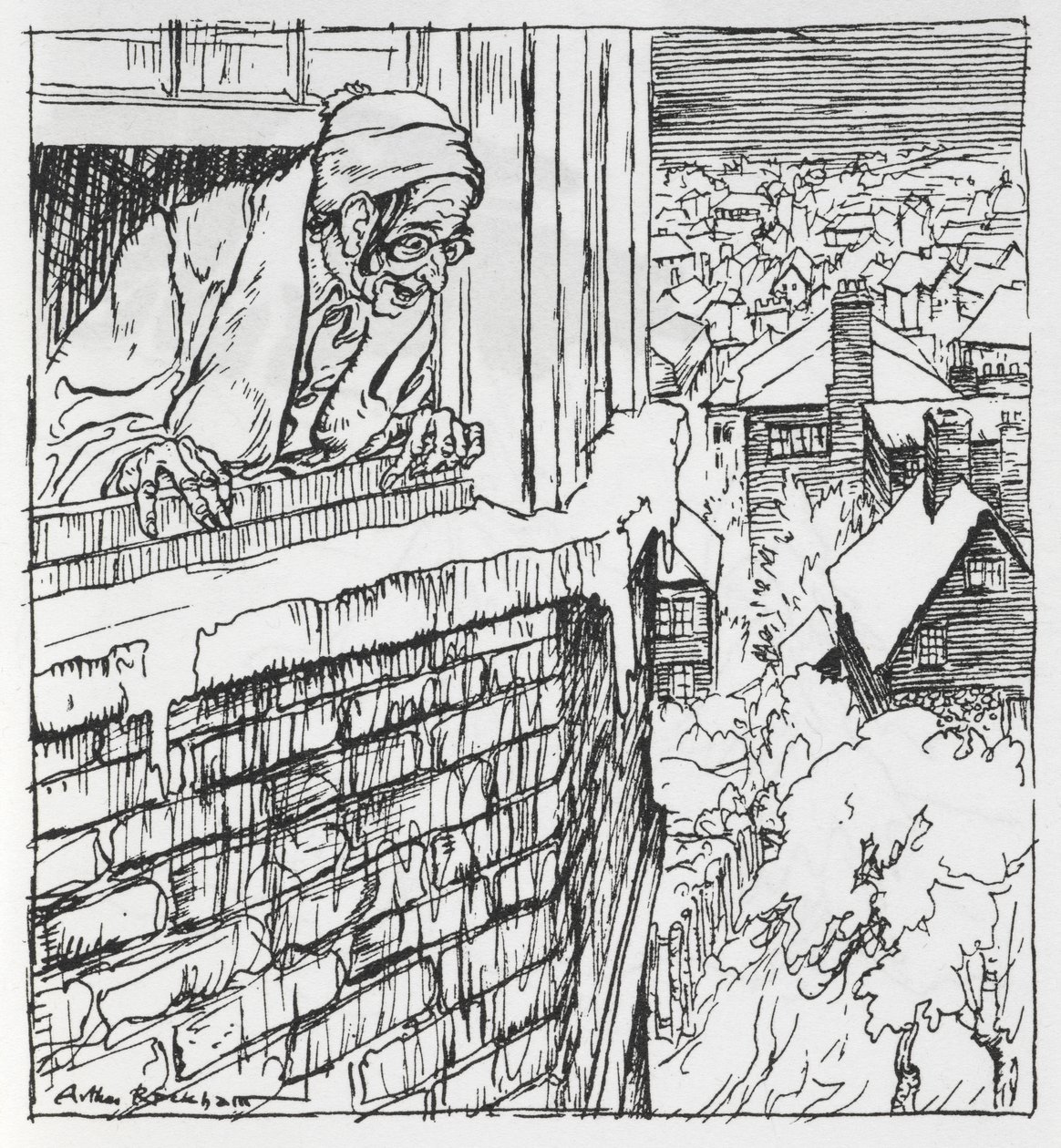 Egy férfi néz ki az ablakon alkotó: Arthur Rackham
