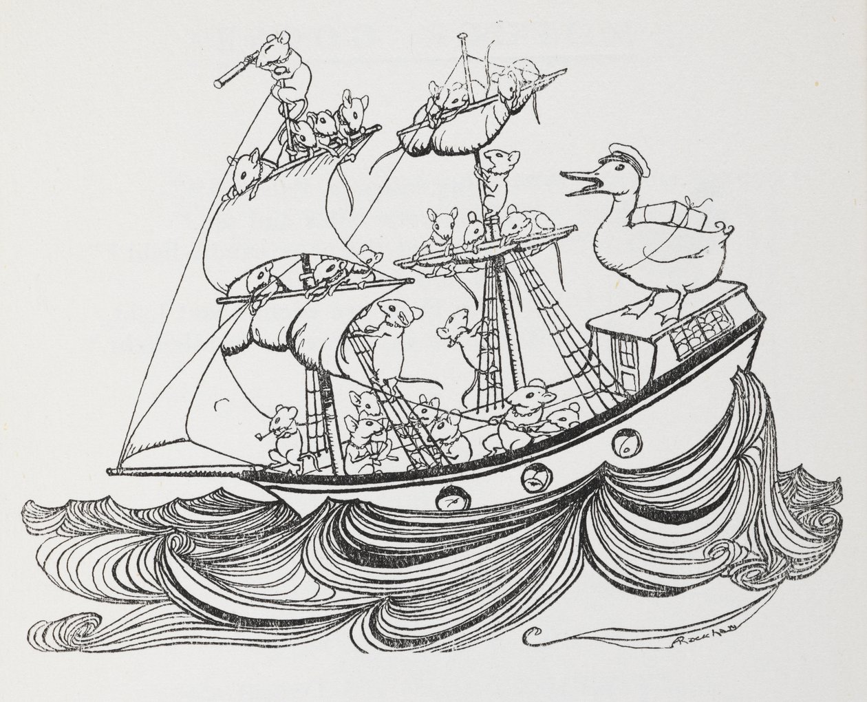 Egy hajó, amelynek legénysége egerek, kapitánya pedig egy kacsa. alkotó: Arthur Rackham