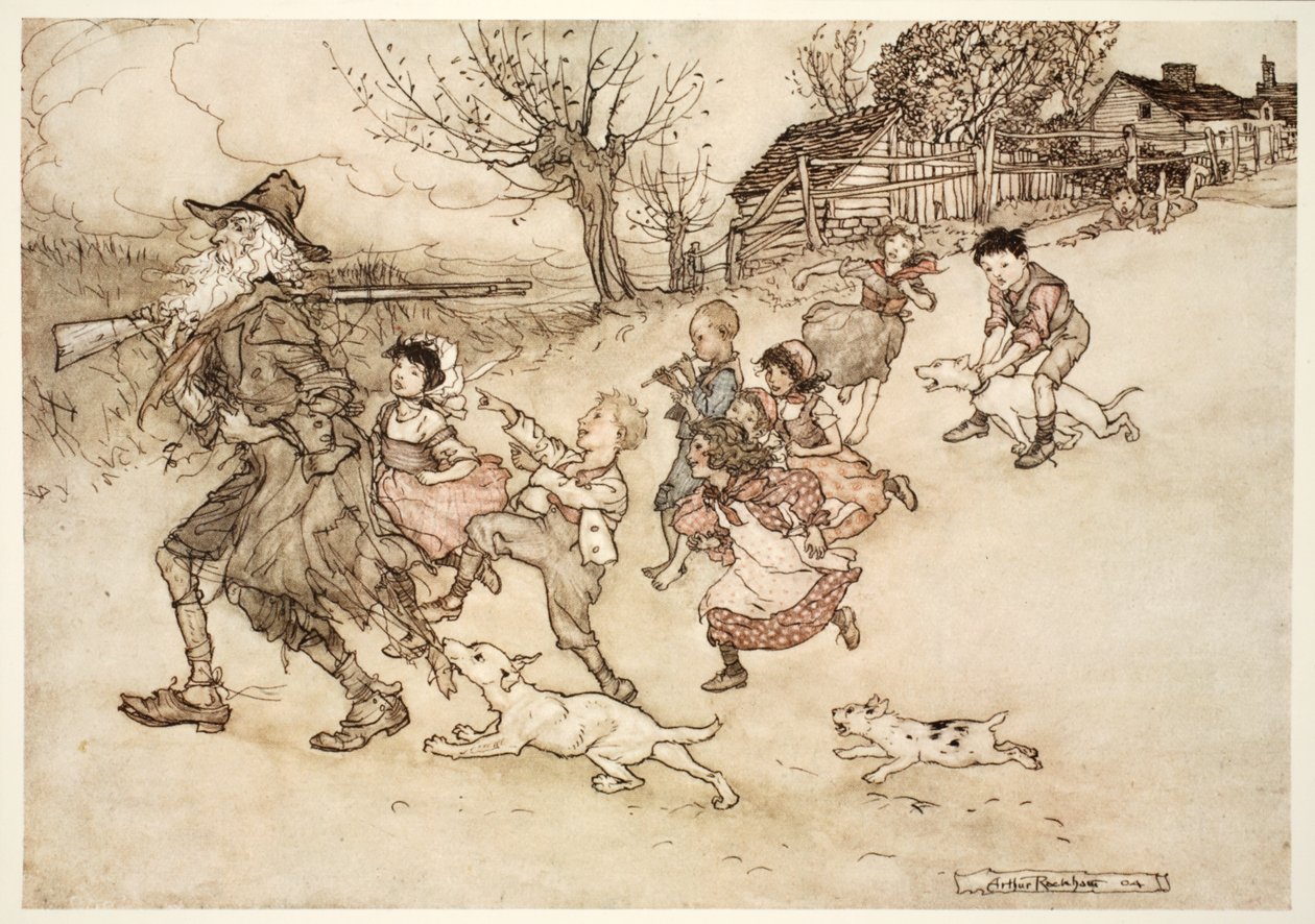 Különös gyerekek csapata rohant a sarkára, dudálva utána és ősz szakállára mutatva. Rip Van Winkle-től Washington Irving, kocsma. 1910 alkotó: Arthur Rackham